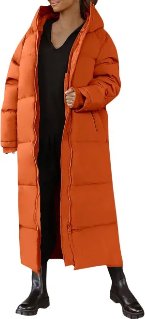 Womens Winter Long Coats Trendy Thicken Warm Puffer Jacket Casual Full Zip Padded Coat with Hood 2024 Outdoor Outwear