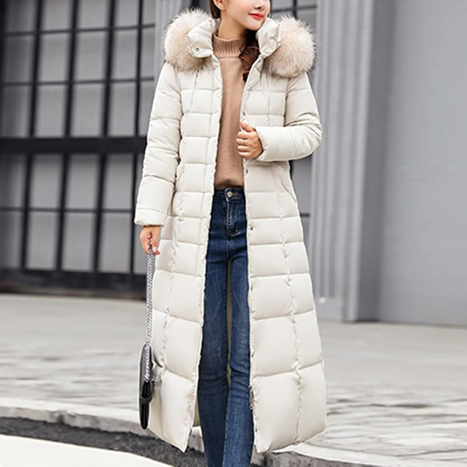 Women's Winter Long Down Parka Jackets Warm Thickened Hooded Maxi Quilted Windproof Jacket with Hood