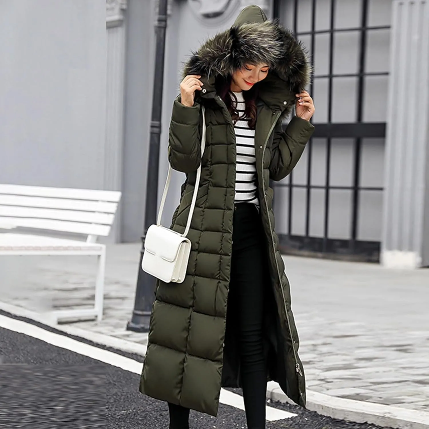 Women's Winter Long Down Parka Jackets Warm Thickened Hooded Maxi Quilted Windproof Jacket with Hood