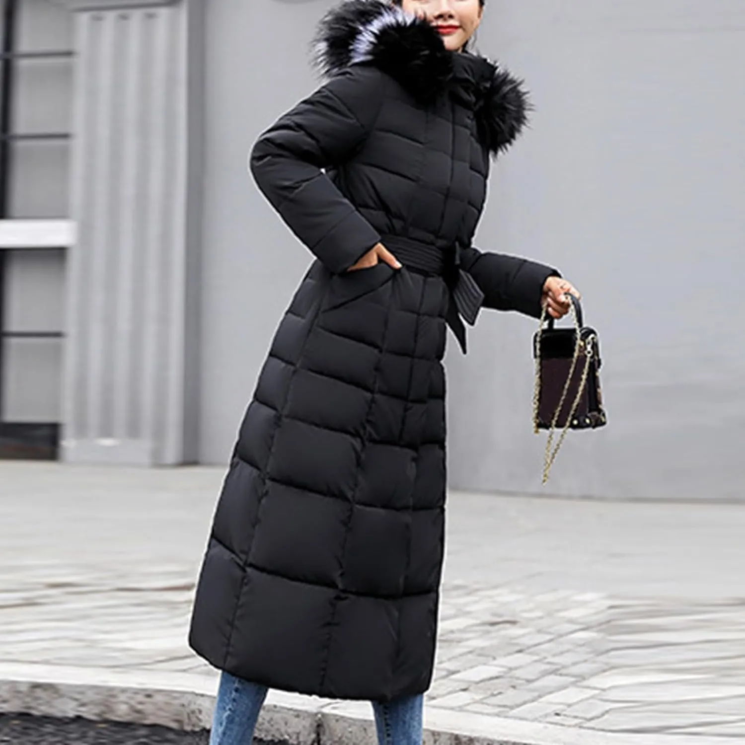 Women's Winter Long Down Parka Jackets Warm Thickened Hooded Maxi Quilted Windproof Jacket with Hood