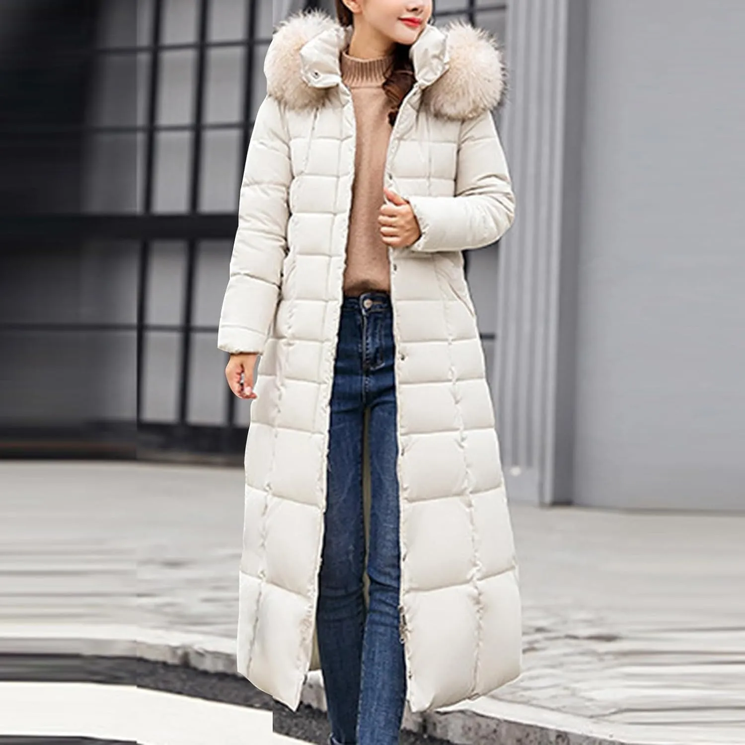 Women's Winter Long Down Parka Jackets Warm Thickened Hooded Maxi Quilted Windproof Jacket with Hood