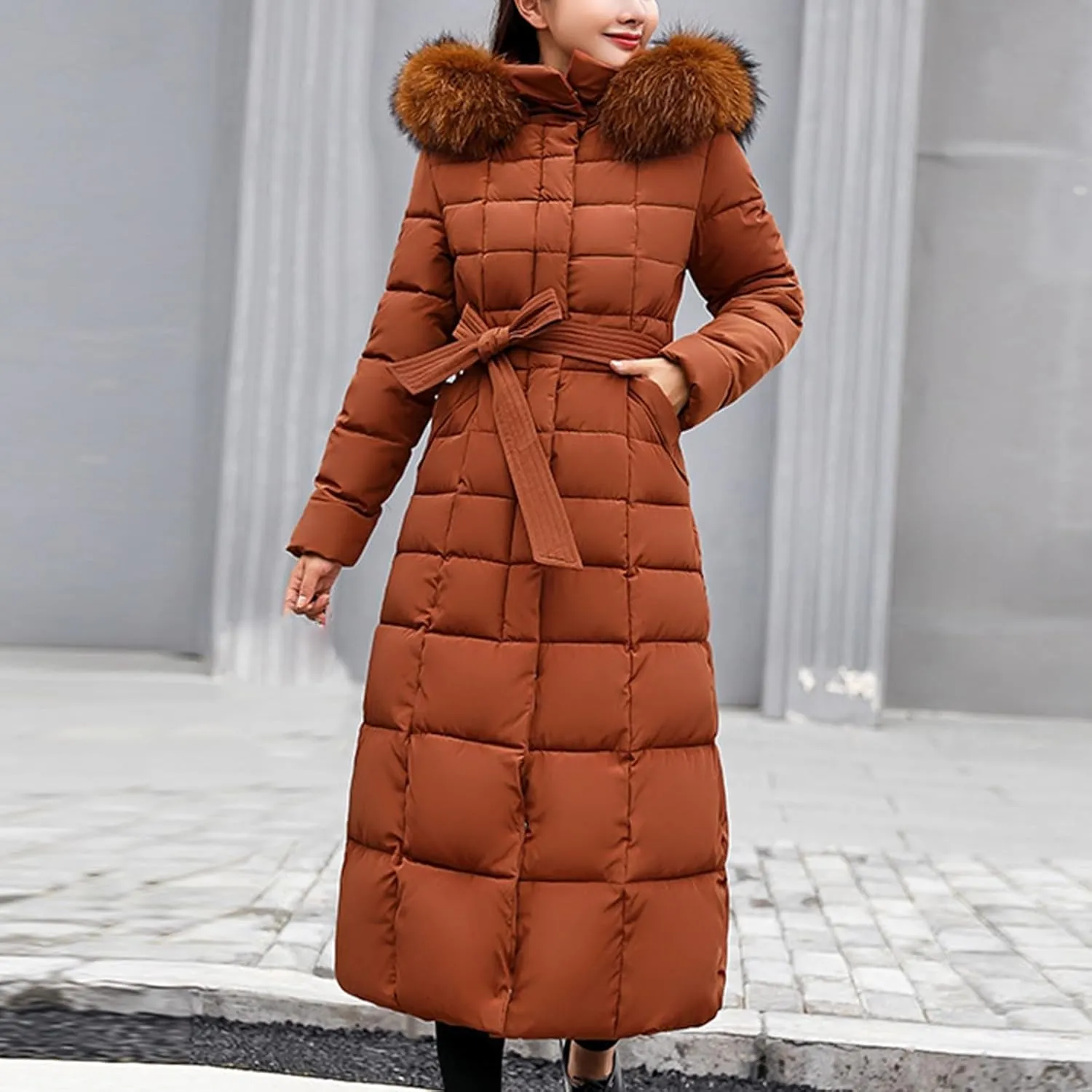 Women's Winter Long Down Parka Jackets Warm Thickened Hooded Maxi Quilted Windproof Jacket with Hood