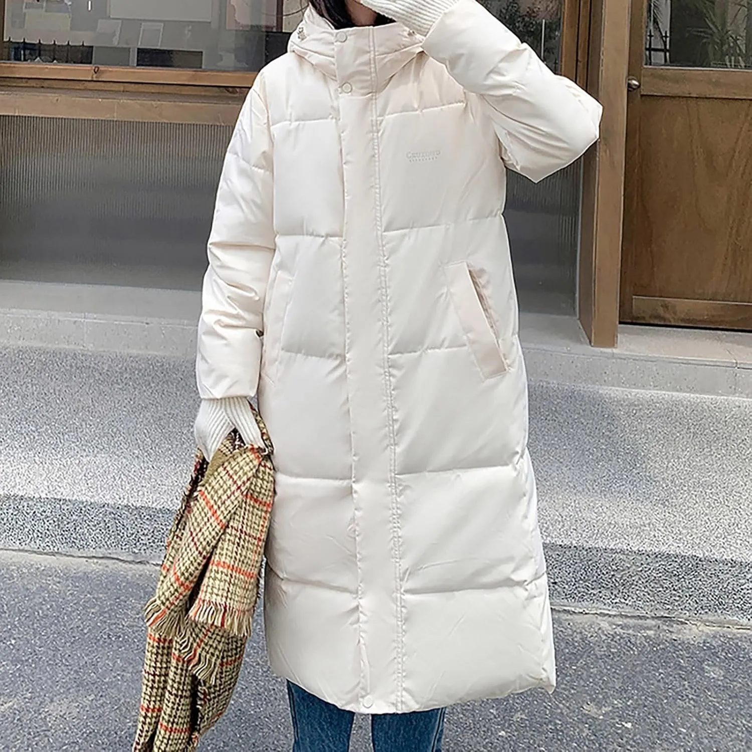 Women's Winter Over Knee Hooded Maxi Long Puffer Down Coat Long Winter Coats Zip Up Padded Coat Maxi Length Outerwear
