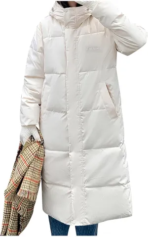 Women's Winter Over Knee Hooded Maxi Long Puffer Down Coat Long Winter Coats Zip Up Padded Coat Maxi Length Outerwear