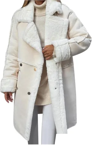 Womens Winter Overcoat Sherpa Fleece Lined Faux Suede Leather Long Trench Coats Notched Lapel Double Breasted