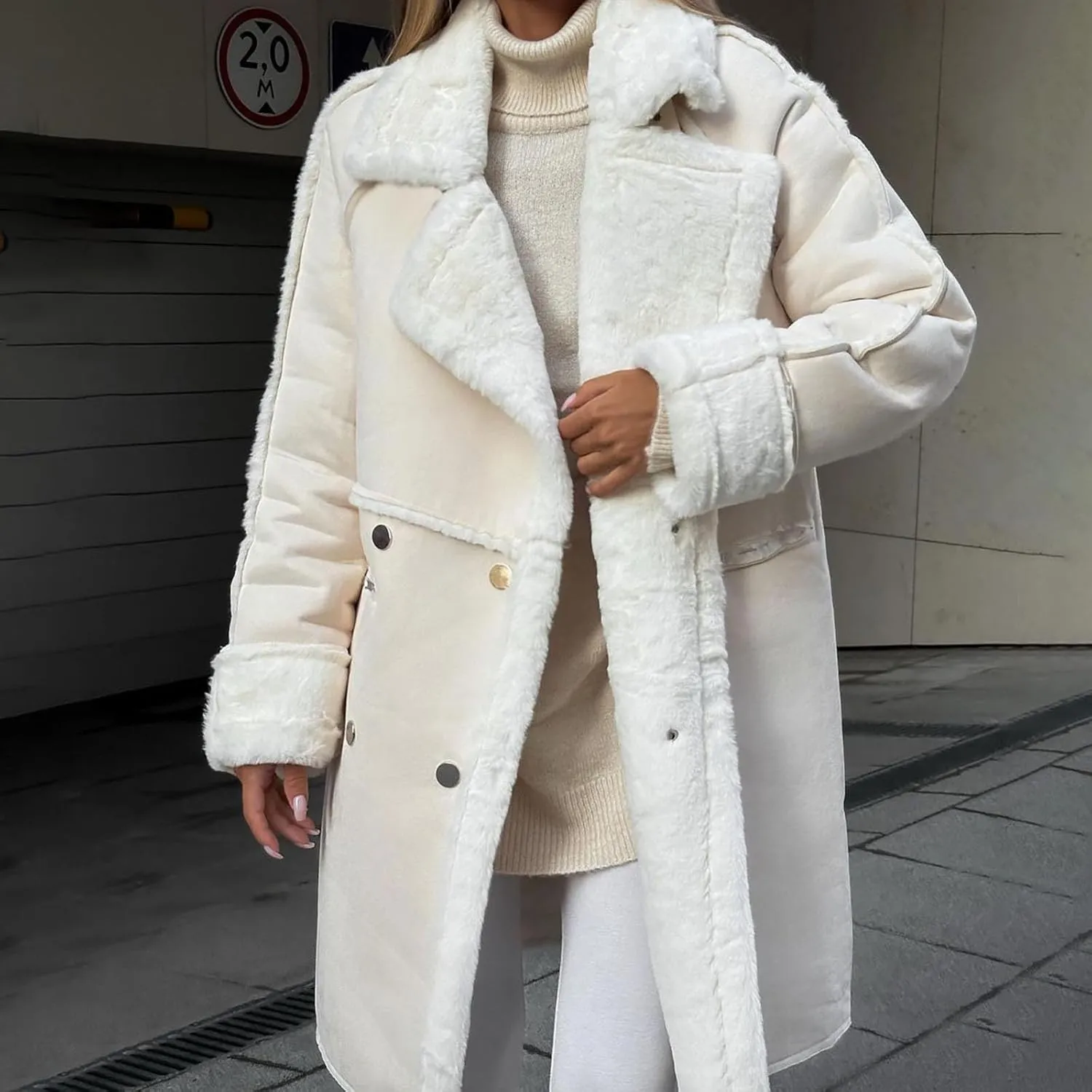 Womens Winter Overcoat Sherpa Fleece Lined Faux Suede Leather Long Trench Coats Notched Lapel Double Breasted