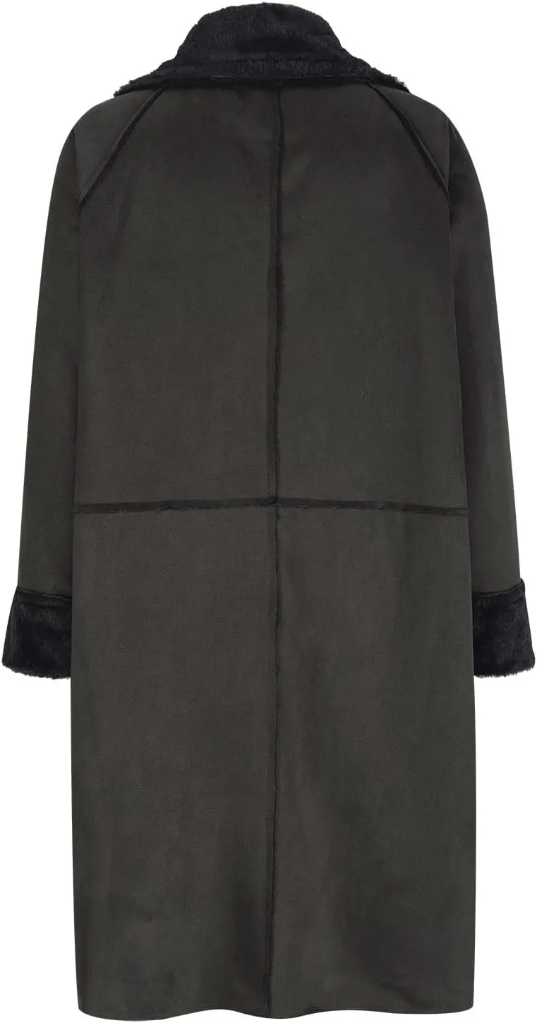 Womens Winter Overcoat Sherpa Fleece Lined Faux Suede Leather Long Trench Coats Notched Lapel Double Breasted