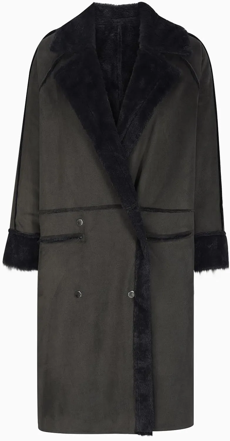 Womens Winter Overcoat Sherpa Fleece Lined Faux Suede Leather Long Trench Coats Notched Lapel Double Breasted