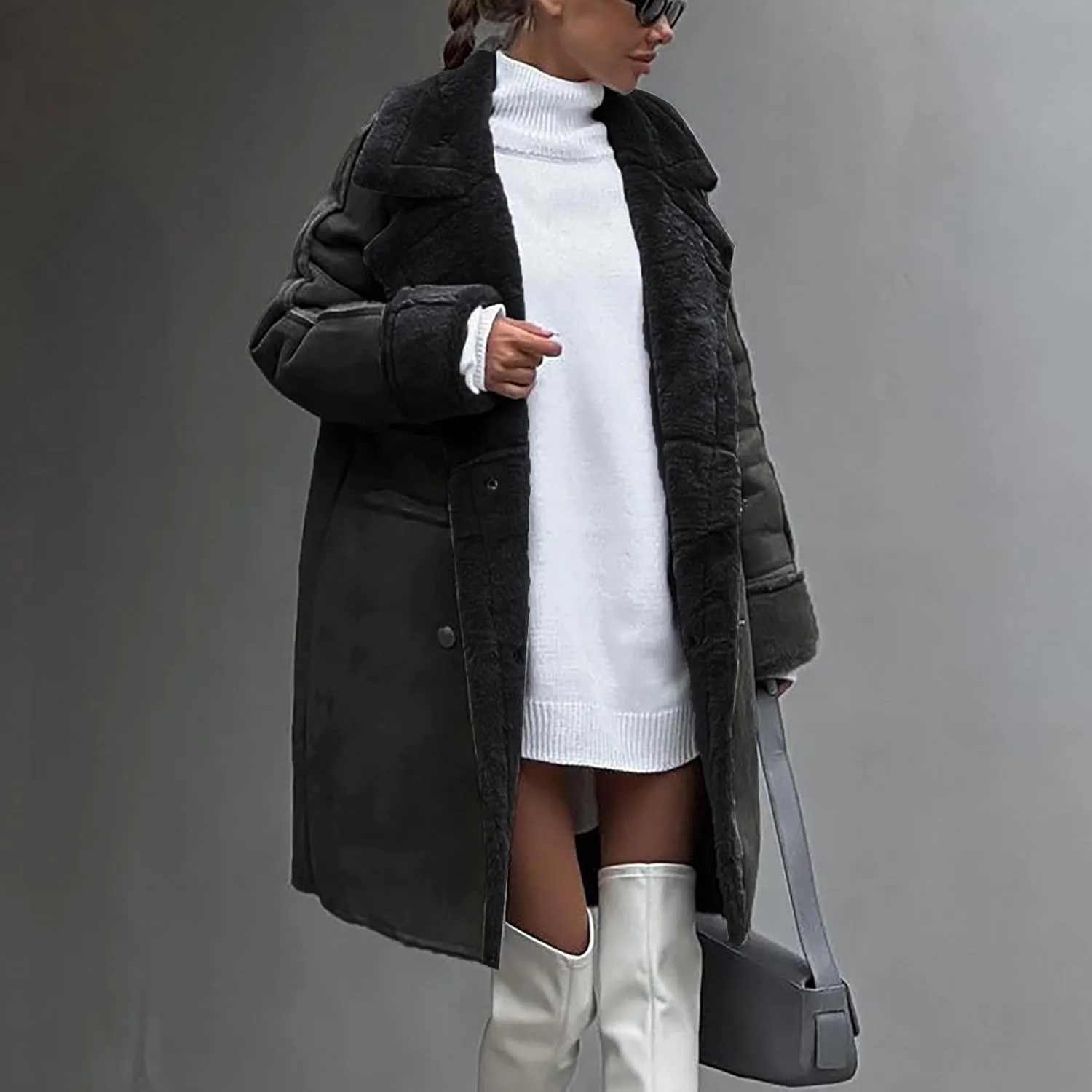 Womens Winter Overcoat Sherpa Fleece Lined Faux Suede Leather Long Trench Coats Notched Lapel Double Breasted