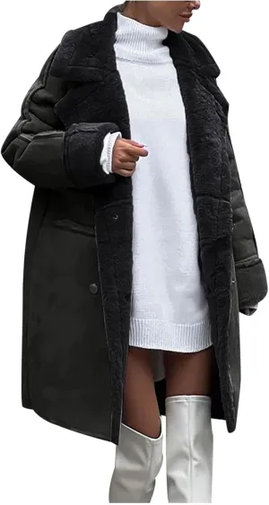 Womens Winter Overcoat Sherpa Fleece Lined Faux Suede Leather Long Trench Coats Notched Lapel Double Breasted