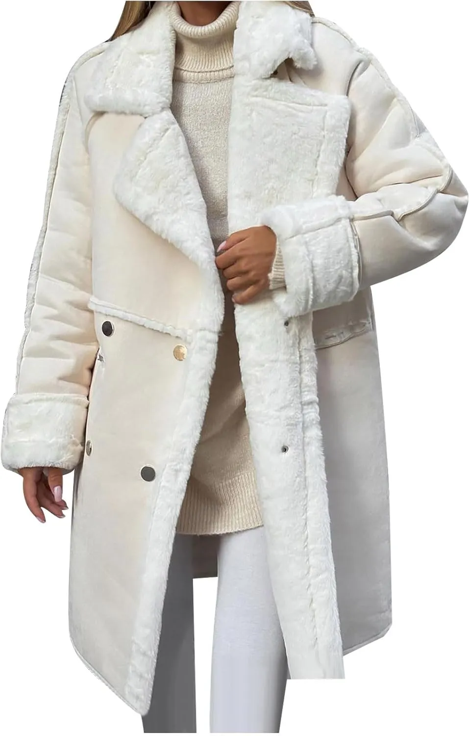 Womens Winter Overcoat Sherpa Fleece Lined Faux Suede Leather Long Trench Coats Notched Lapel Double Breasted