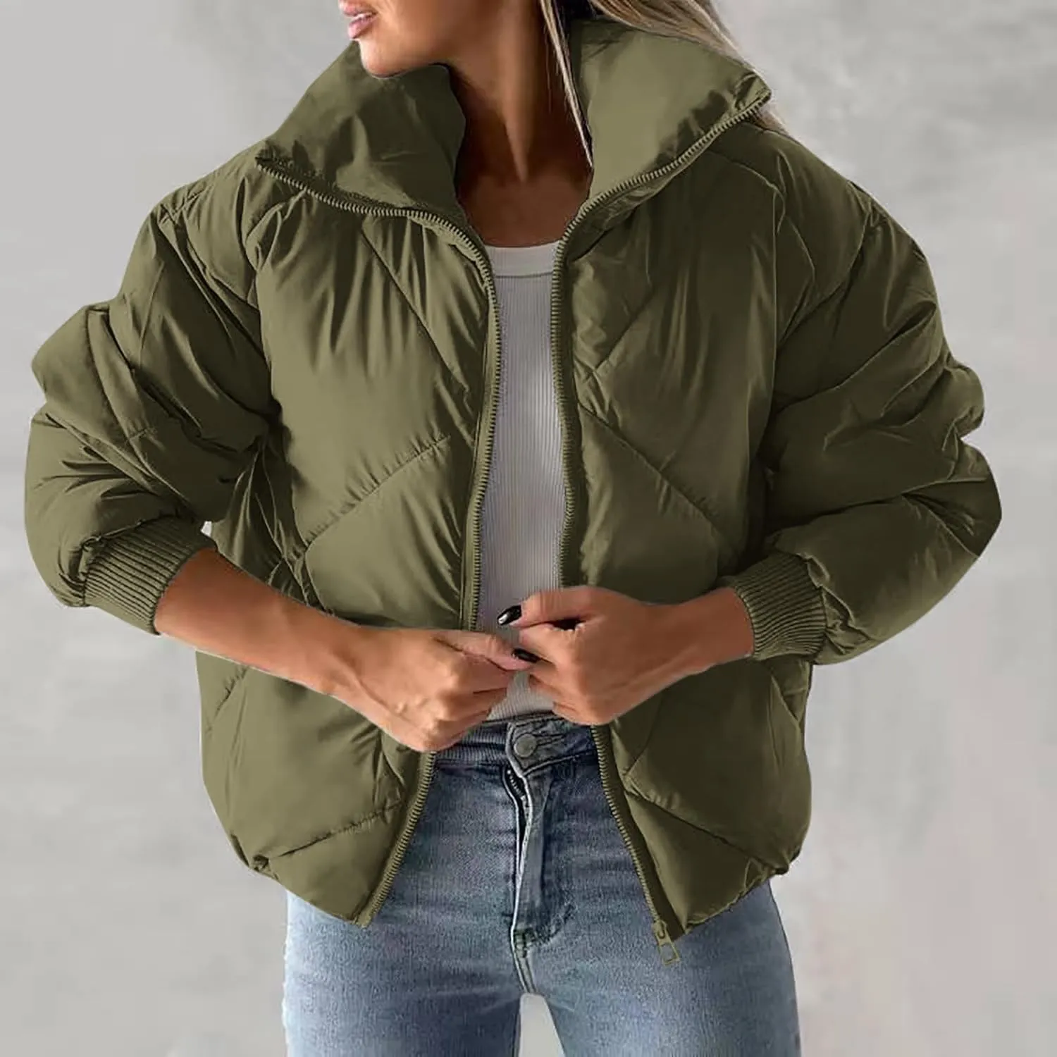 Womens Winter Puffer Jacket Warm Padded Wadded Jackets Zip Up Down Coats Quilted Puffy Outerwear Clothing