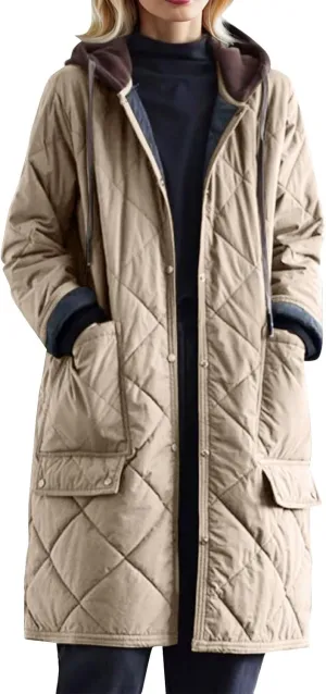 Women's Winter Quilted Jackets Casual Lightweight Button Down Puffer Jacket Outerwear Long Down Winter Coat with Hood