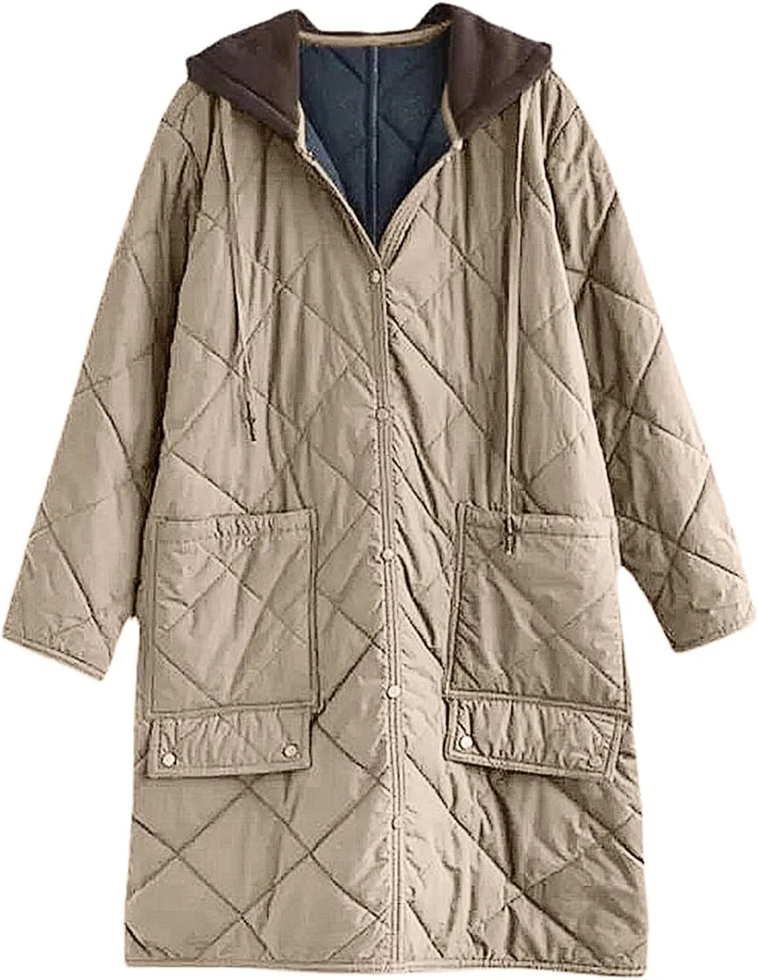 Women's Winter Quilted Jackets Casual Lightweight Button Down Puffer Jacket Outerwear Long Down Winter Coat with Hood