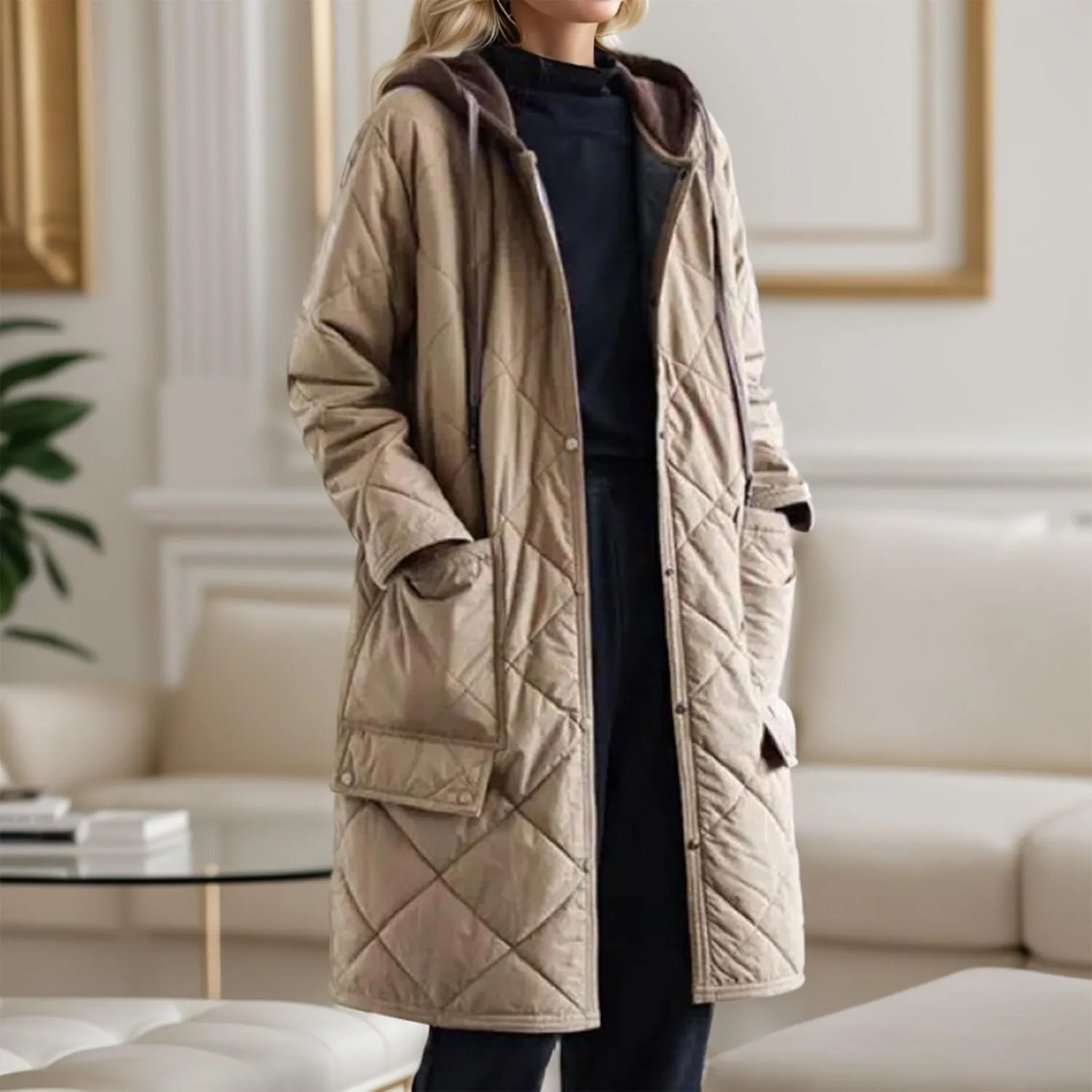 Women's Winter Quilted Jackets Casual Lightweight Button Down Puffer Jacket Outerwear Long Down Winter Coat with Hood
