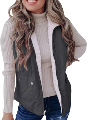 Women's Winter Quilted Vest Sherpa Sherpa Lined Zip Up Puffer Vest Jacket Sleeveless Outerwear Coats with Pockets