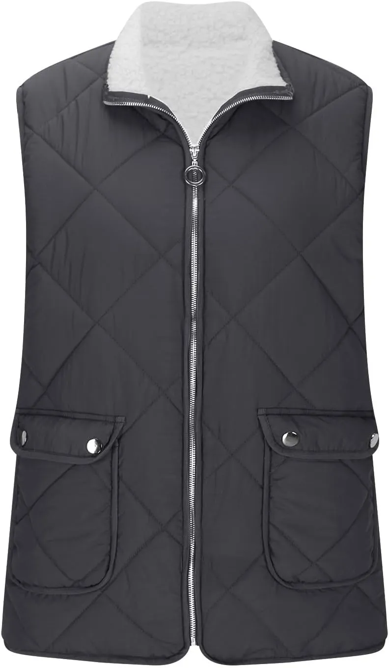 Women's Winter Quilted Vest Sherpa Sherpa Lined Zip Up Puffer Vest Jacket Sleeveless Outerwear Coats with Pockets