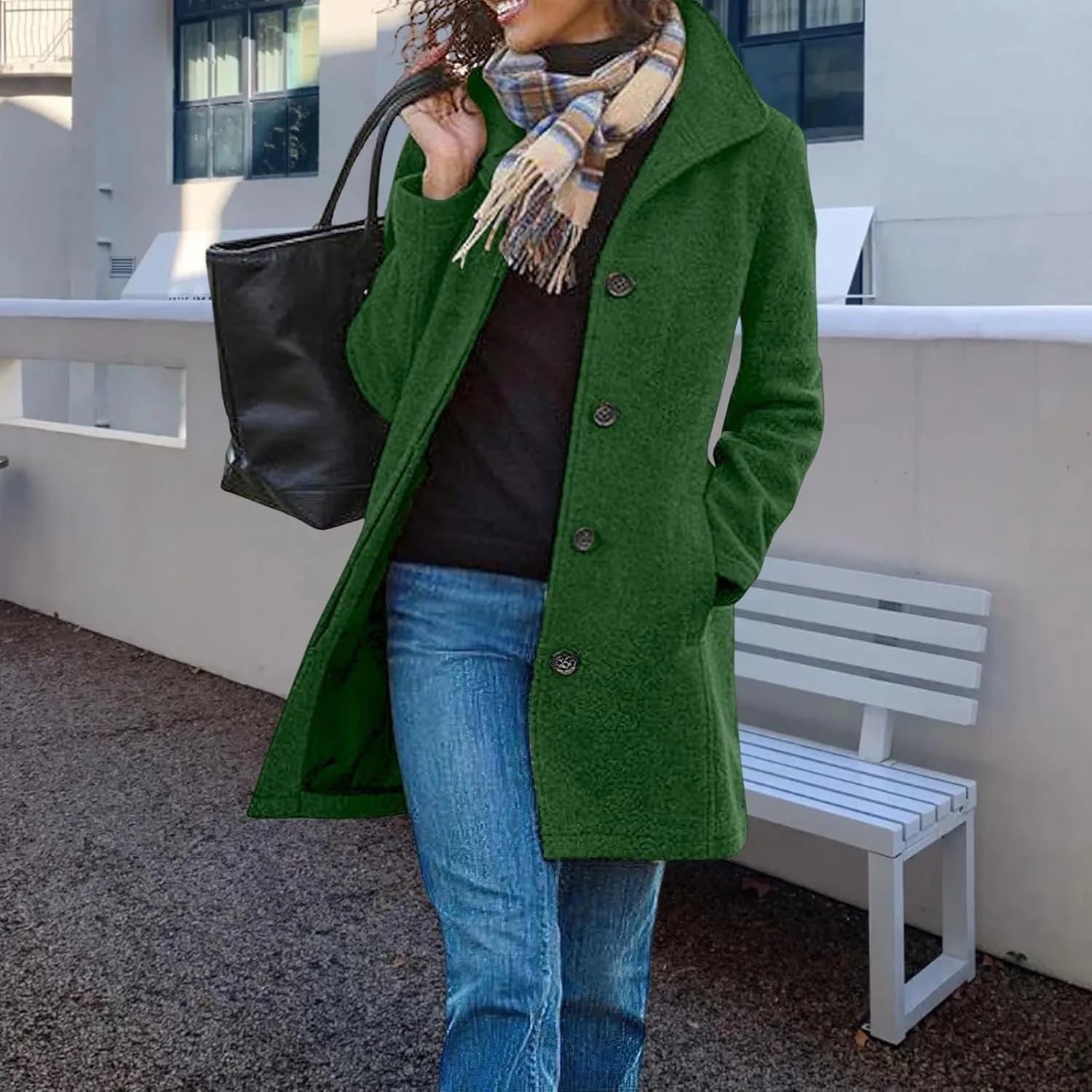 Women's Winter Wool Blend Pea Coat Stand Collar Single Breasted Trench Coat Casual Thicken Mid Long Jacket Overcoat