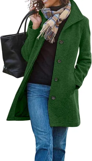 Women's Winter Wool Blend Pea Coat Stand Collar Single Breasted Trench Coat Casual Thicken Mid Long Jacket Overcoat