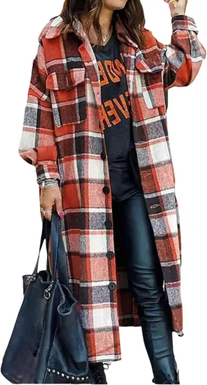 Women's Wool Blend Plaid Coat Single Breasted Long Oversized Pea Coat Jackets Casual Long Sleeve Jacket with Pockets