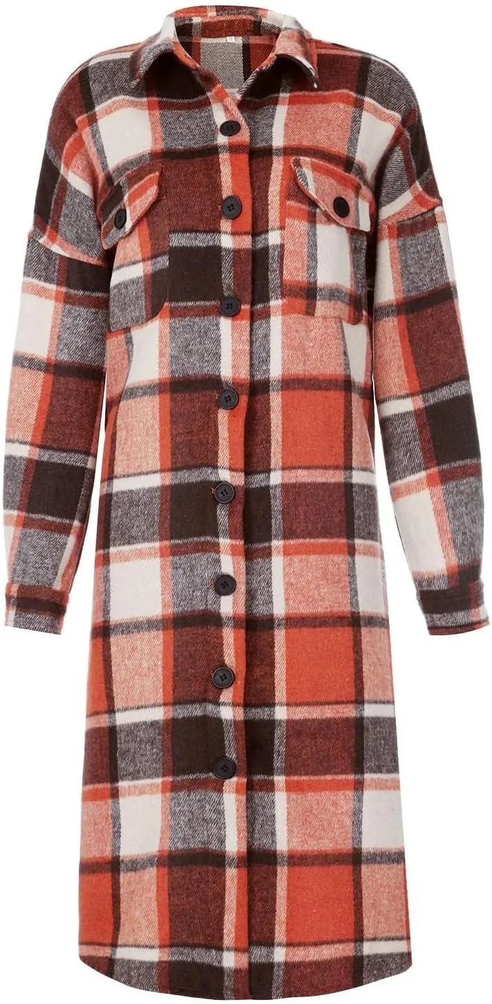 Women's Wool Blend Plaid Coat Single Breasted Long Oversized Pea Coat Jackets Casual Long Sleeve Jacket with Pockets