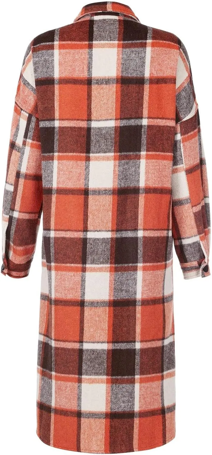 Women's Wool Blend Plaid Coat Single Breasted Long Oversized Pea Coat Jackets Casual Long Sleeve Jacket with Pockets
