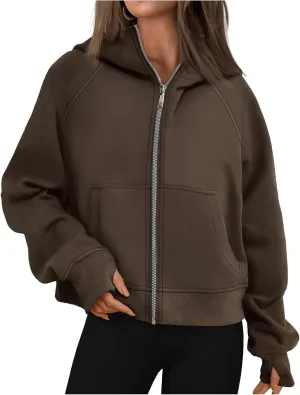 Womens Zip Up Hoodies Cropped Sweatshirts Fleece Jackets Fall Fashion Outfits Sweaters Winter Clothes Thumb Hole
