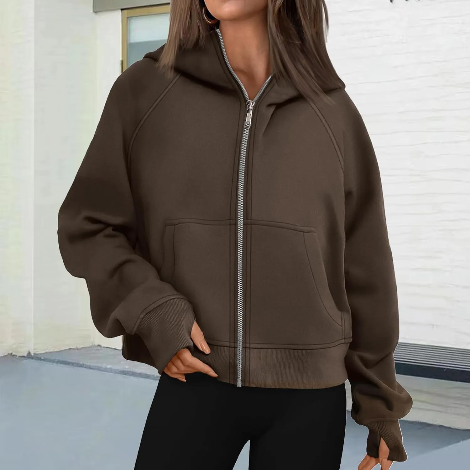 Womens Zip Up Hoodies Cropped Sweatshirts Fleece Jackets Fall Fashion Outfits Sweaters Winter Clothes Thumb Hole