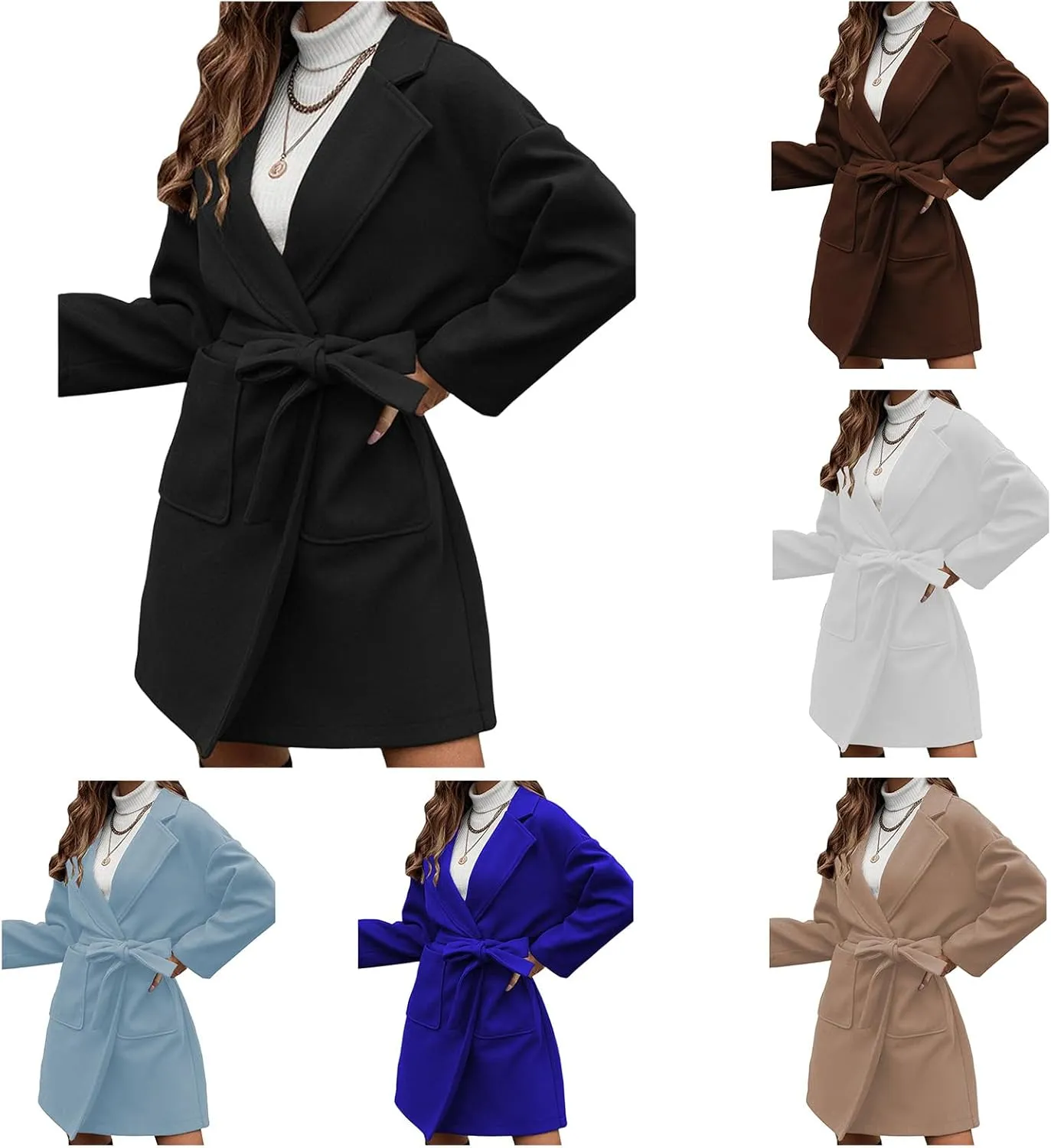 Wool Coat for Womens Trendy Lapel Button Down Long Sleeve Jacket Casual Open Front Pea Coat with Belt