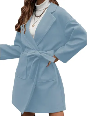 Wool Coat for Womens Trendy Lapel Button Down Long Sleeve Jacket Casual Open Front Pea Coat with Belt