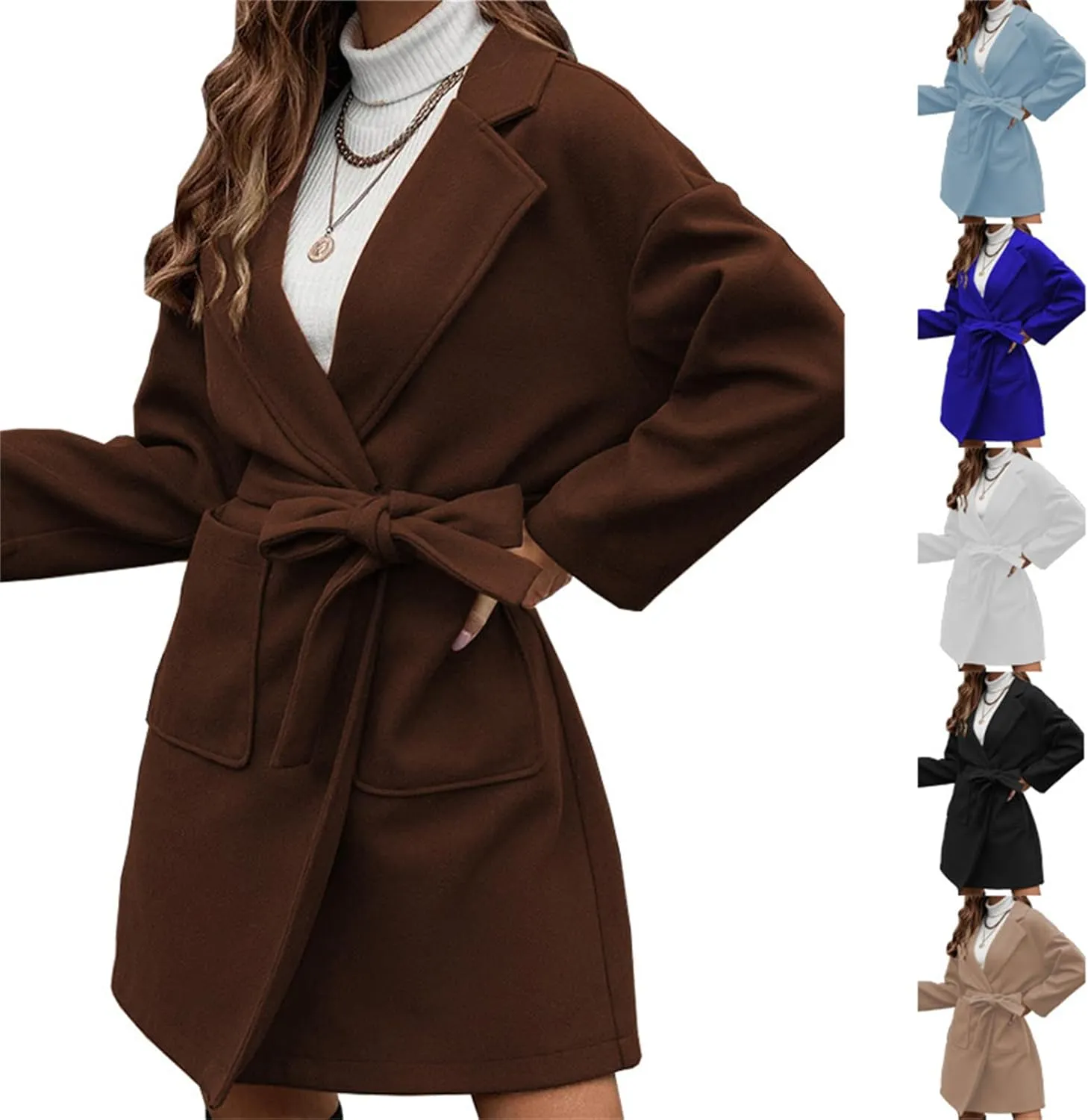Wool Coat for Womens Trendy Lapel Button Down Long Sleeve Jacket Casual Open Front Pea Coat with Belt