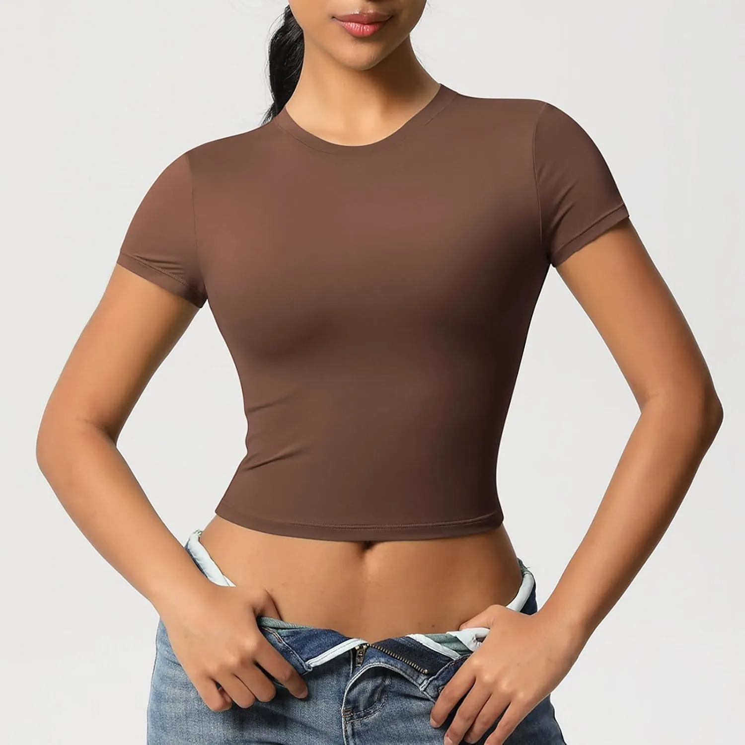 Workout Tops for Women Quick Dry Short Sleeve Cropped Yoga Shirts Athletic Gym Running Round Neck Basic Tees