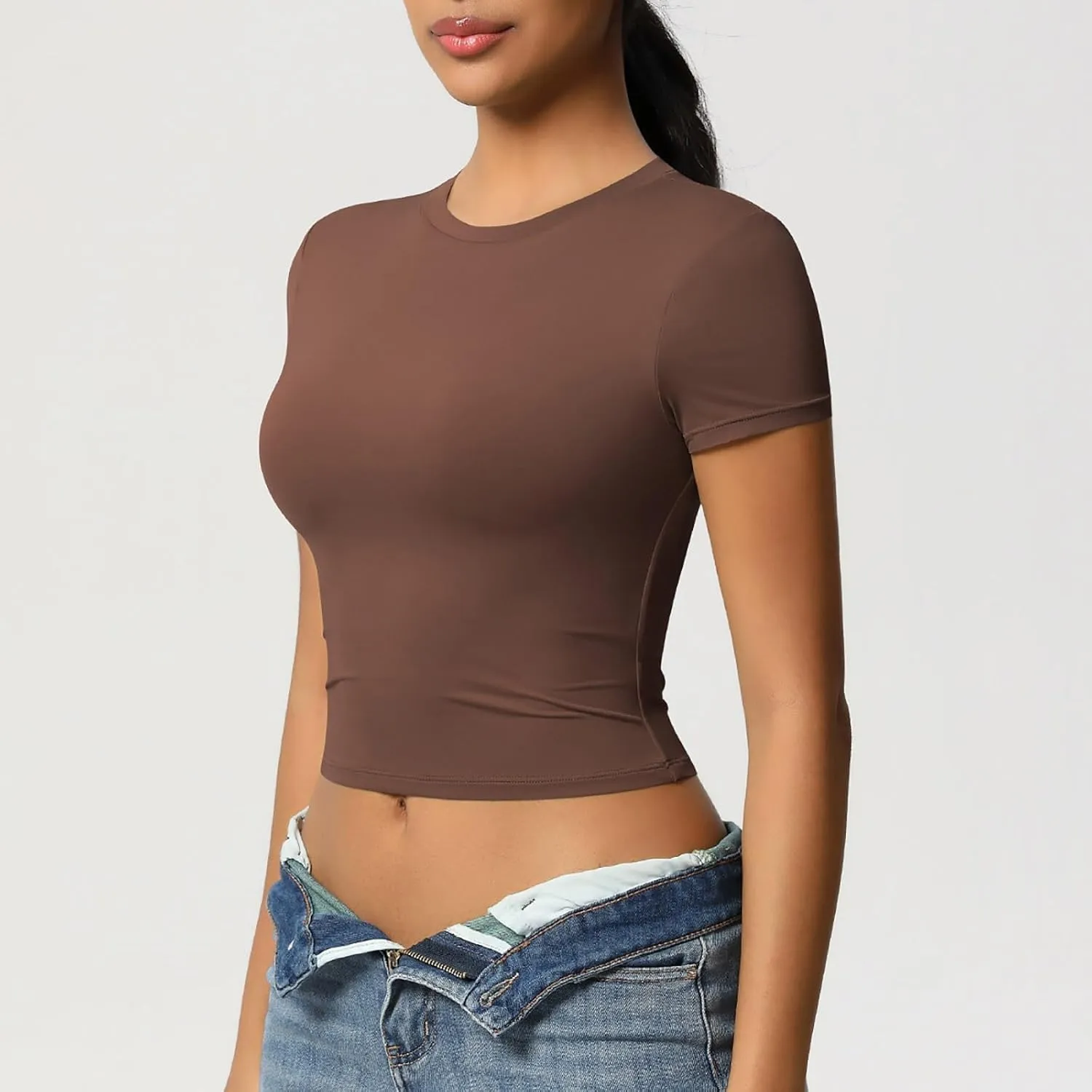 Workout Tops for Women Quick Dry Short Sleeve Cropped Yoga Shirts Athletic Gym Running Round Neck Basic Tees