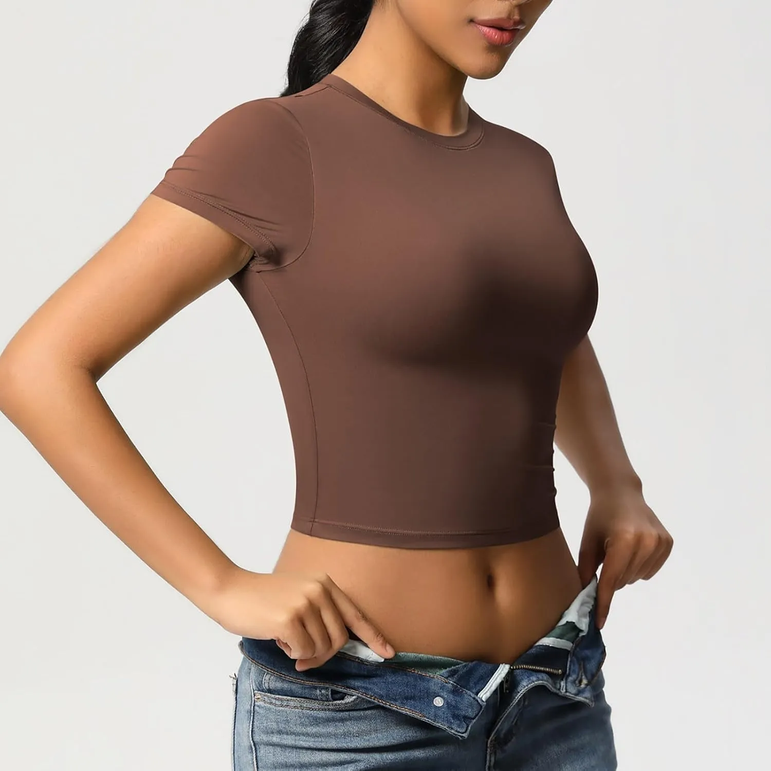Workout Tops for Women Quick Dry Short Sleeve Cropped Yoga Shirts Athletic Gym Running Round Neck Basic Tees