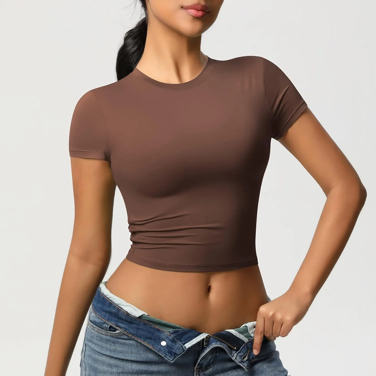 Workout Tops for Women Quick Dry Short Sleeve Cropped Yoga Shirts Athletic Gym Running Round Neck Basic Tees