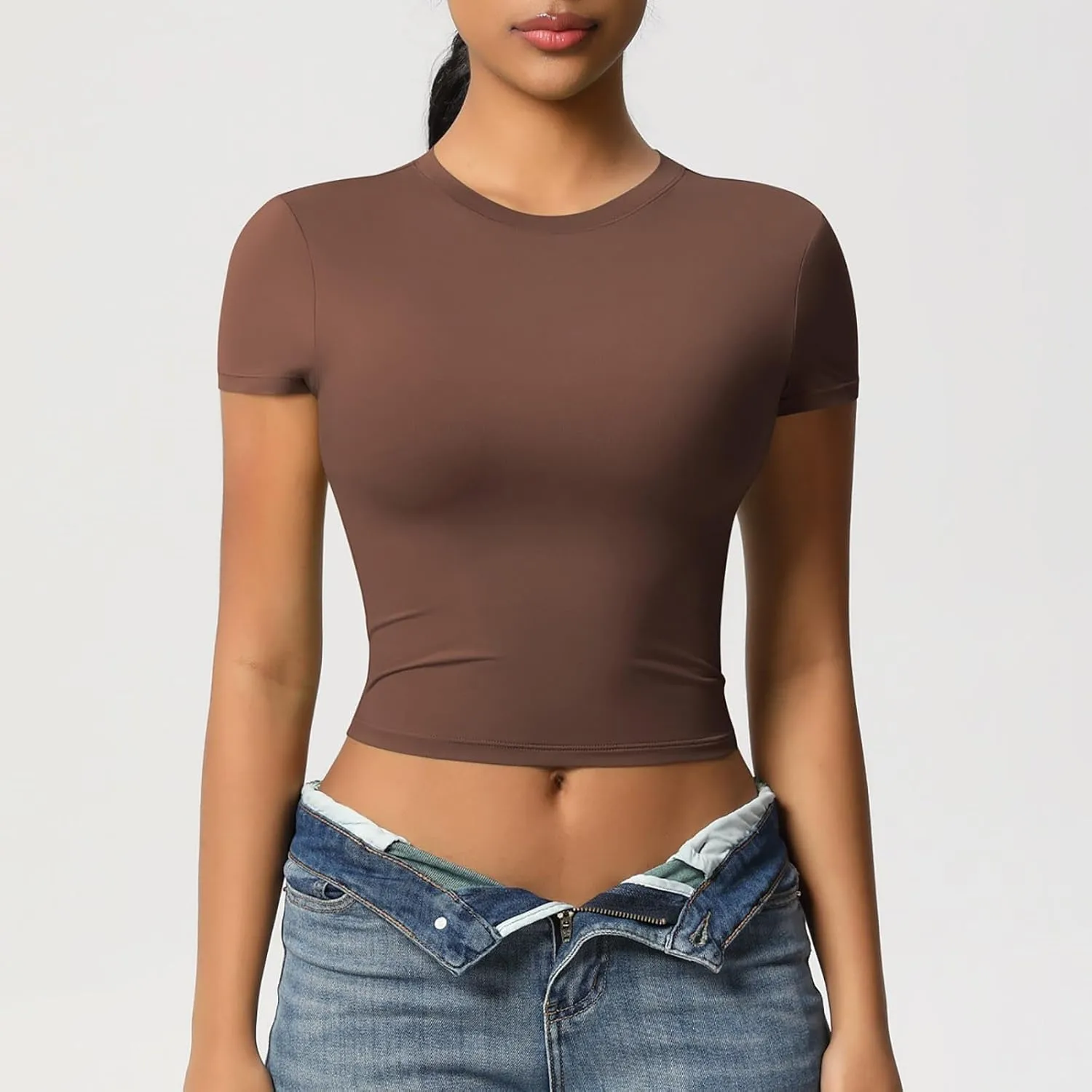 Workout Tops for Women Quick Dry Short Sleeve Cropped Yoga Shirts Athletic Gym Running Round Neck Basic Tees