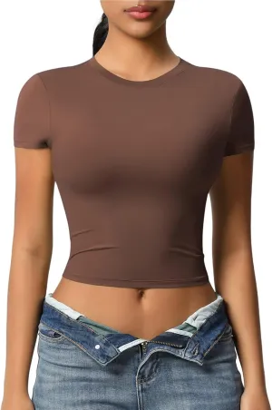 Workout Tops for Women Quick Dry Short Sleeve Cropped Yoga Shirts Athletic Gym Running Round Neck Basic Tees