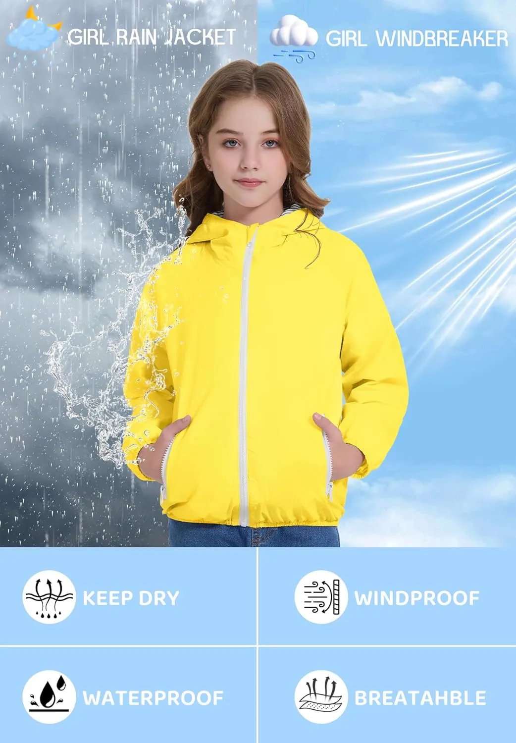 Zando Girls Rain Jacket Lightweight Waterproof Hooded Jackets Girls' Outerwear Jackets & Coats for Girls 4-10Y